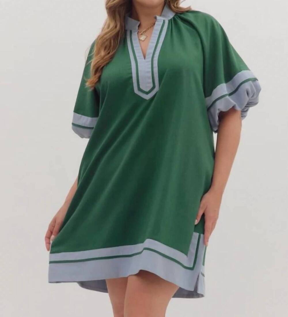 NEW ENTRO linen blend short sleeve mini dress in hunter green